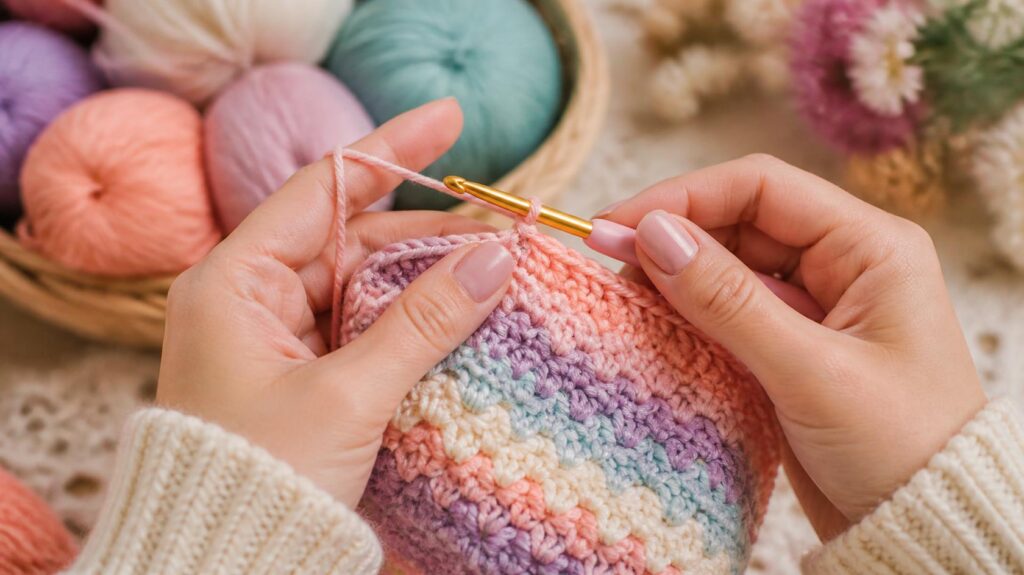 close up of hands crocheting with pastel colored yarn, detailed crochet stitches in progress, soft focus background with yarn basket, warm and creative crafting scene close up of hands crocheting with pastel colored yarn, detailed crochet stitches in progress, soft focus background with yarn basket, warm and creative crafting scene
